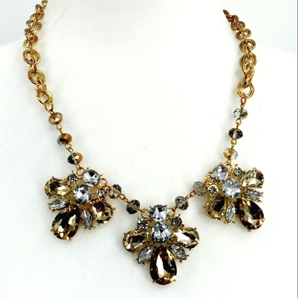 Statement Necklace Gold Tone Crystal & Amber Tone Beads Special Occasion Glam